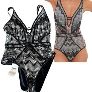 NEW BECCA Reveal Plunge One Piece SWIMSUIT SM Womens Black Crochet Bathing Suit!